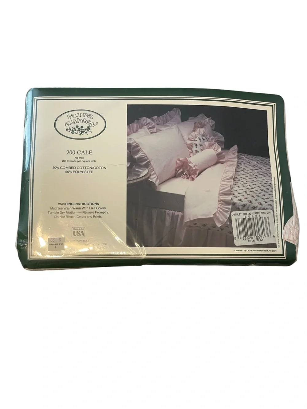 Laura Ashley NWT Vintage Pink White Stripe Ruffle Twin Flat Sheet